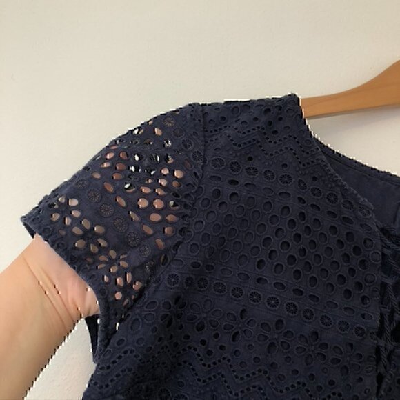 BROOKS BROTHERS Solid Navy Blue Eyelet Floral Lace Up 100% Cotton Shift Dress 2 - Picture 7 of 11